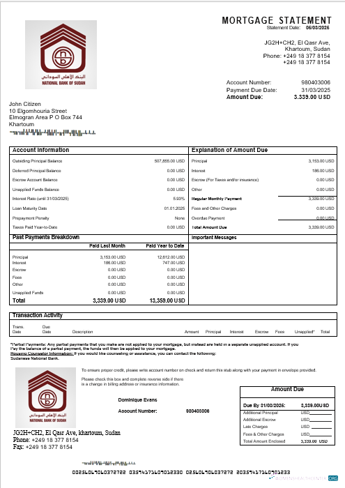 Download Sudanese National Bank mortgage statement in Word and PDF formats Photoshop template